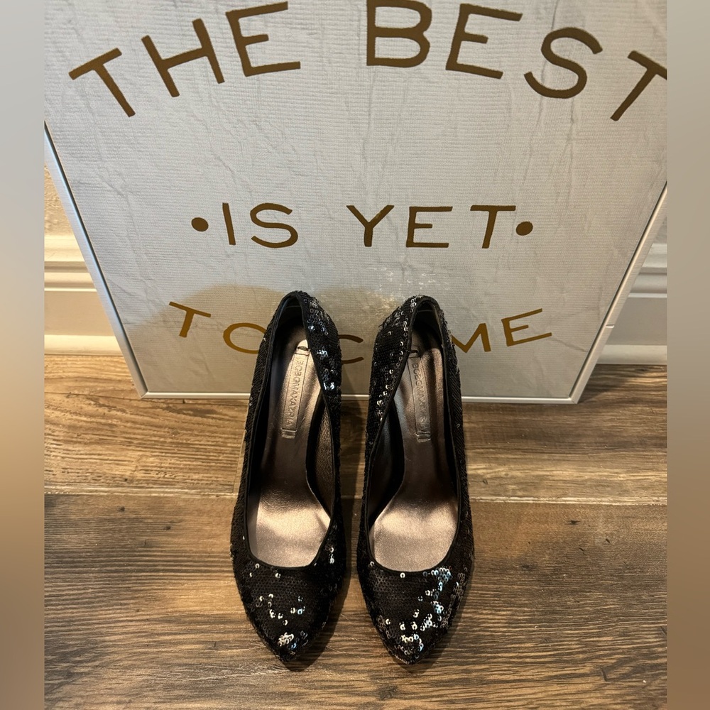 BcBg, black and silver sequin pump